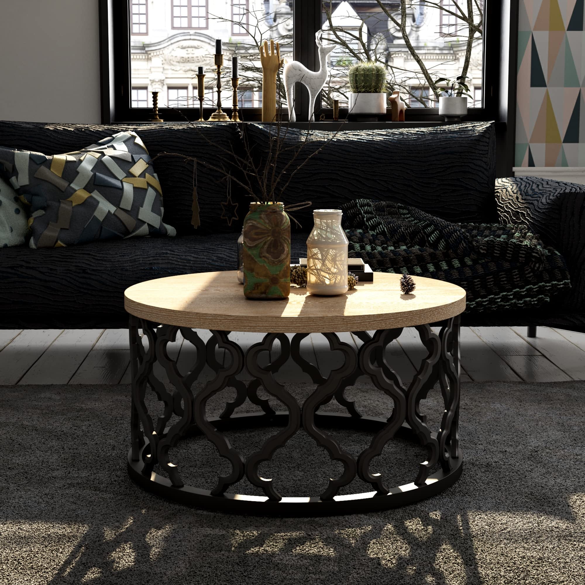 Rustic Farmhouse Coffee Table， Distressed Wood Top Table with Curved Motif Frame Base - as picture