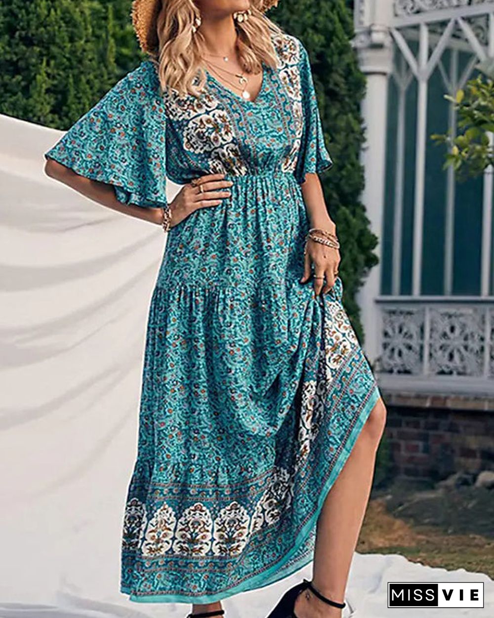 Casual Vintage Boho V-Neck Print Dress