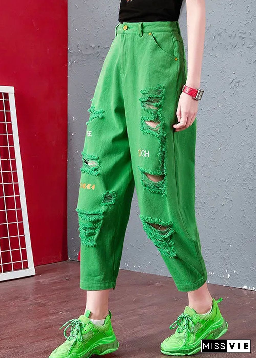 French Green Letter Embroideried Pockets Cotton Harem Pants Summer