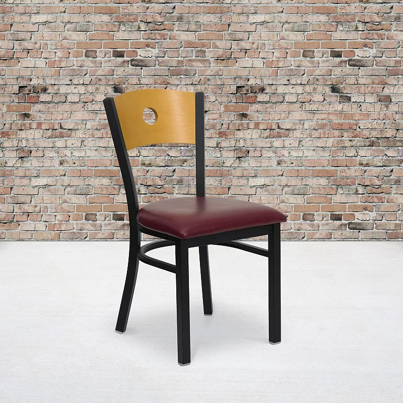 Emma and Oliver Black Circle Back Metal Dining Chair/Natural Wood Back， Black Seat