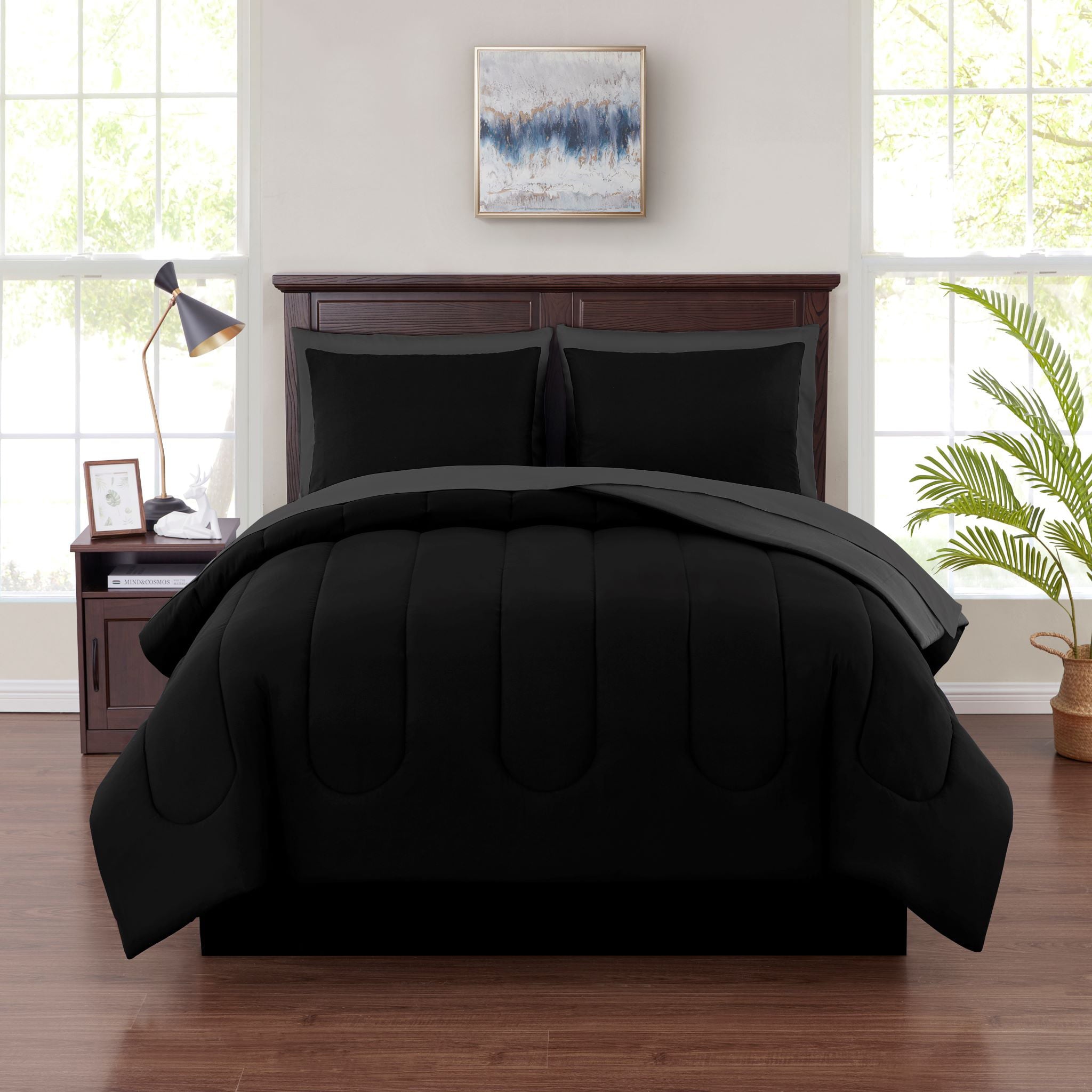 Mainstays Black 7 Piece Bed in a Bag Comforter Set with Sheets， Queen