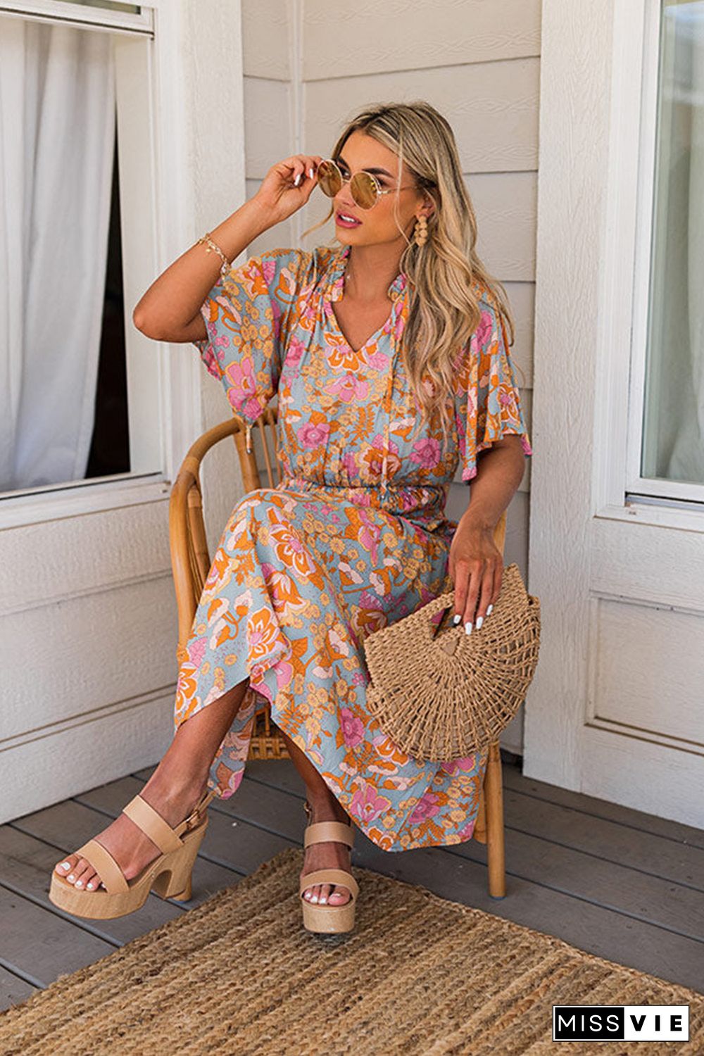 Boho Wide Sleeve Smocked Waist Floral Dress