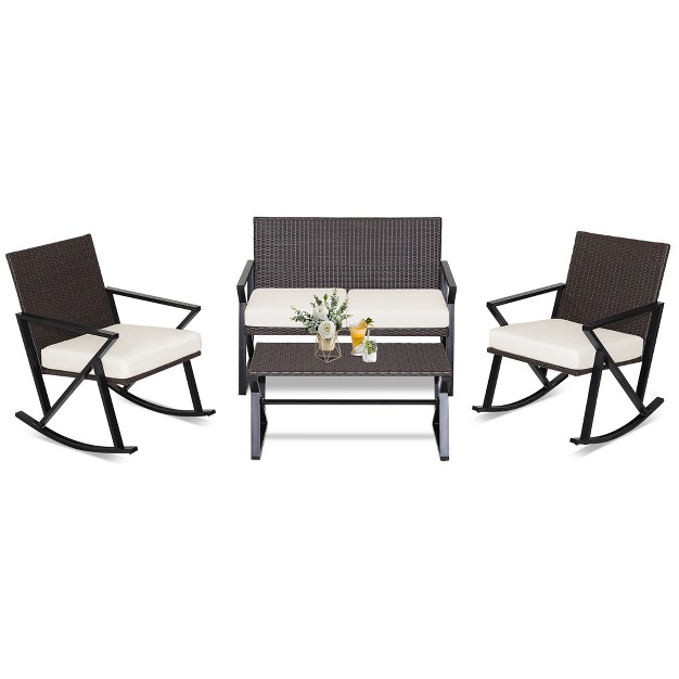 Costway 4pcs Patio Rattan Wicker Rocking Chairs Loveseat Table Rocker Set Cushions Porch