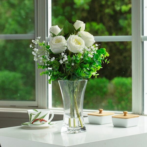 Mixed Artificial Rose Floral Arrangements in Vase Table Centerpieces for Dining Room Decoration