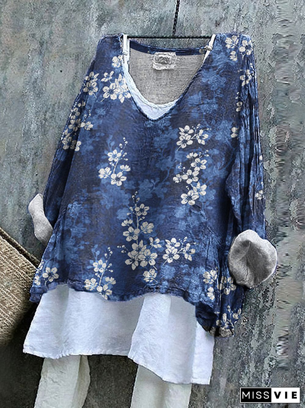 Floral Print V-Neck Loose Blouse