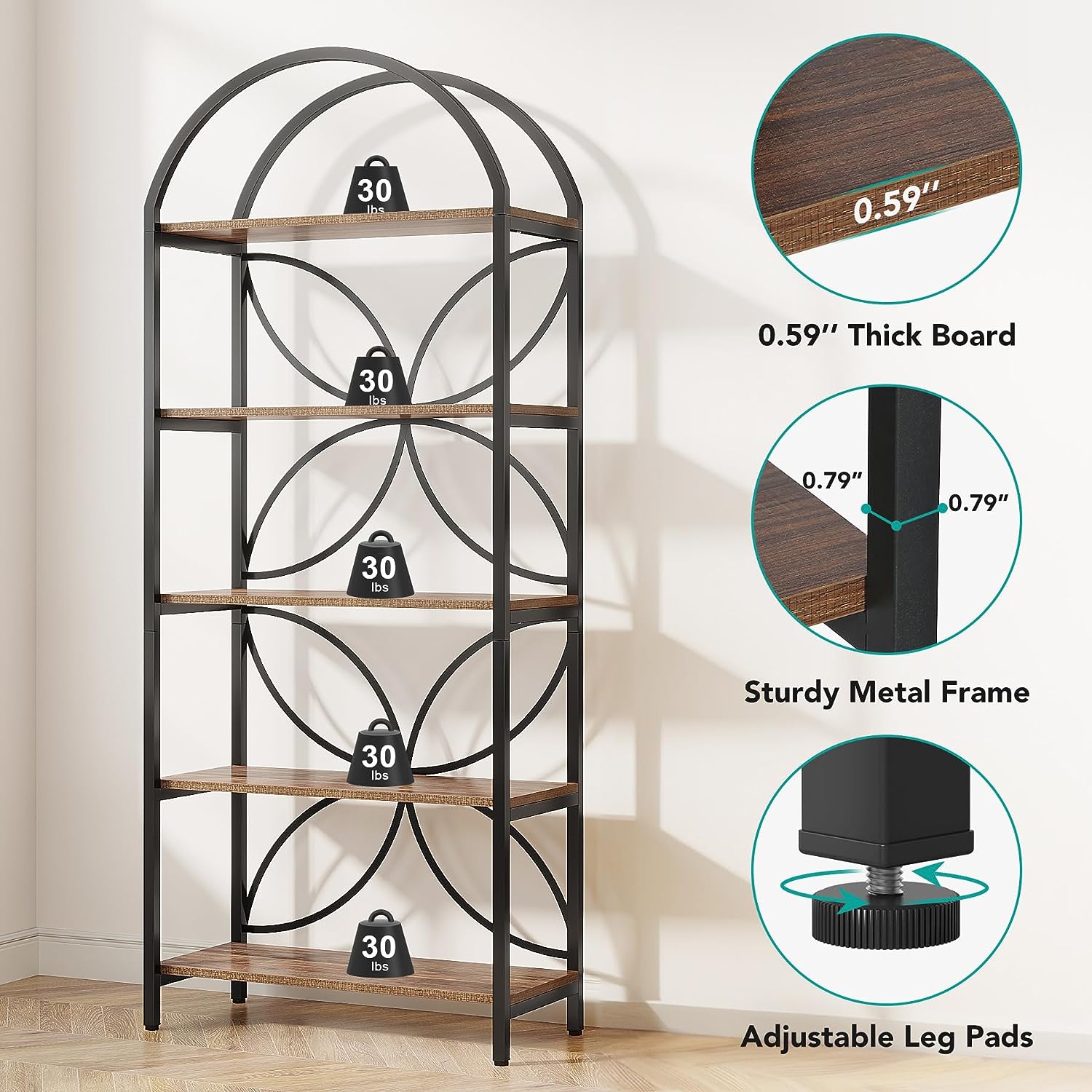 5-Tier Bookshelf, 75 Tall Arched Bookcase Display Rack