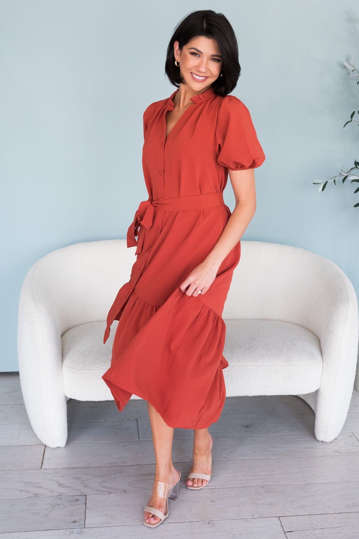 Alaska V-neck Puff Sleeve Spring Dress-Persimmon Red