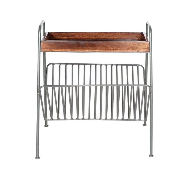 25 Inch Rectangular Metal Frame Side Table， Magazine Rack， Mango Wood Tray Top， Brown， Pewter Gray