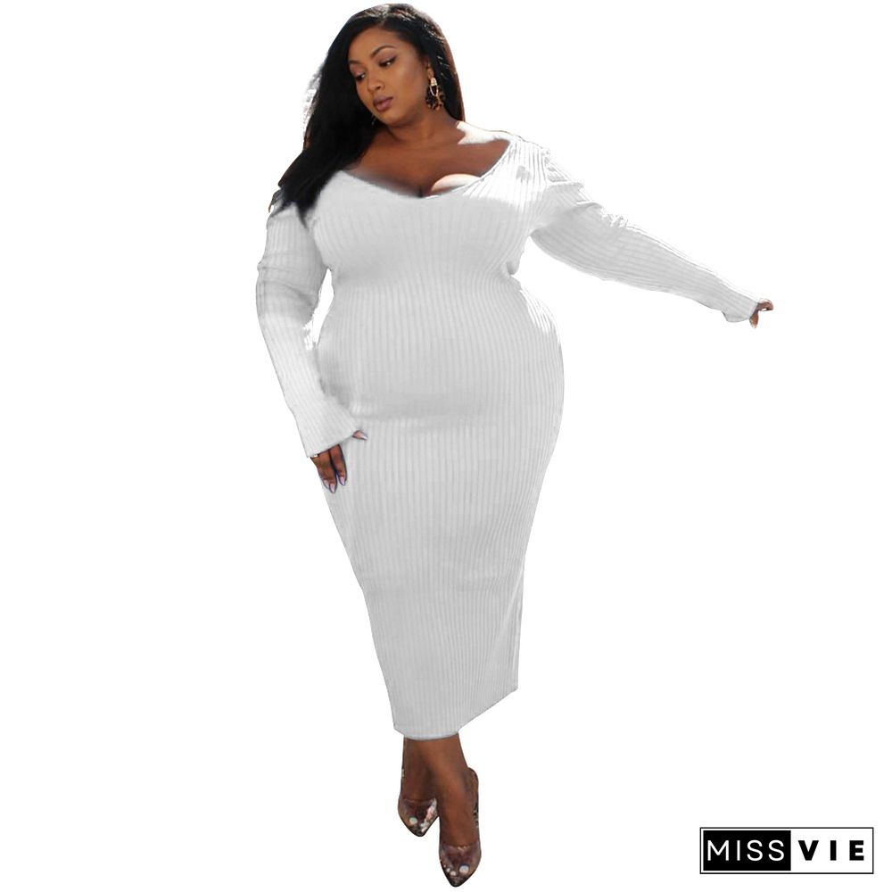 V Neck Knitted Long Sleeve Plus Size Dress