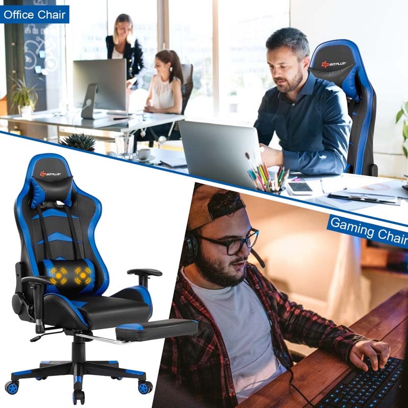 PU Leather Massage Gaming Chair with Footrest, Height Adjustable High Back Ergonomic Gamer Racing Recliner, Swivel PC Game Chair Office Chair