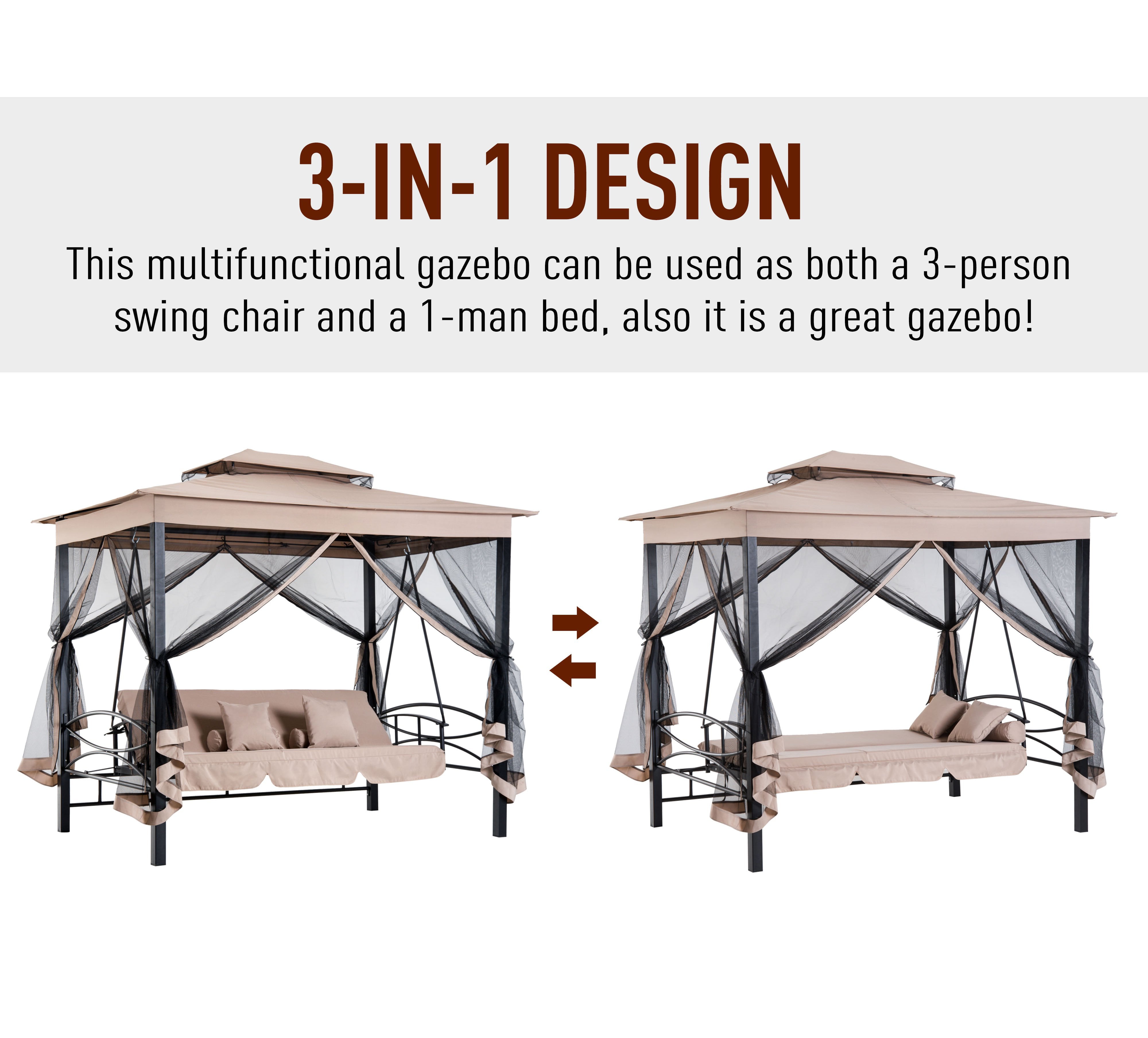 3 Person Outdoor Patio Daybed Canopy Gazebo Swing with Mesh Walls