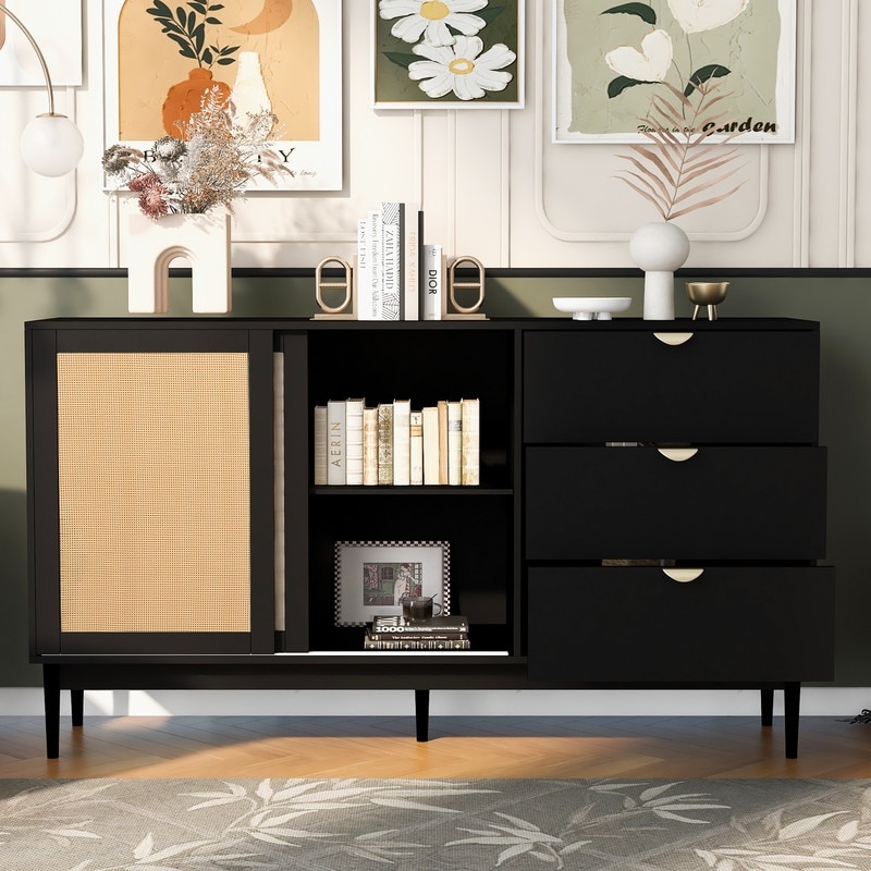 Modern Rattan Storage Sideboard Cabinet with Three Drawers