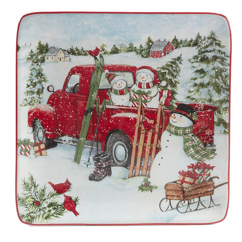 Certified International Red Truck Snowman 4-pc. Dessert Plate Set