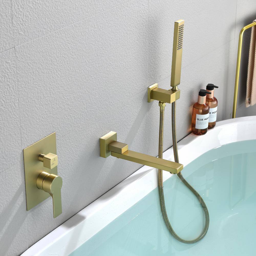 Miscool Forest Single-Handle Wall Mount Roman Tub Faucet with Swivel Tub Spout and Hand Shower in Brushed Gold SHSMDH10C030BGL