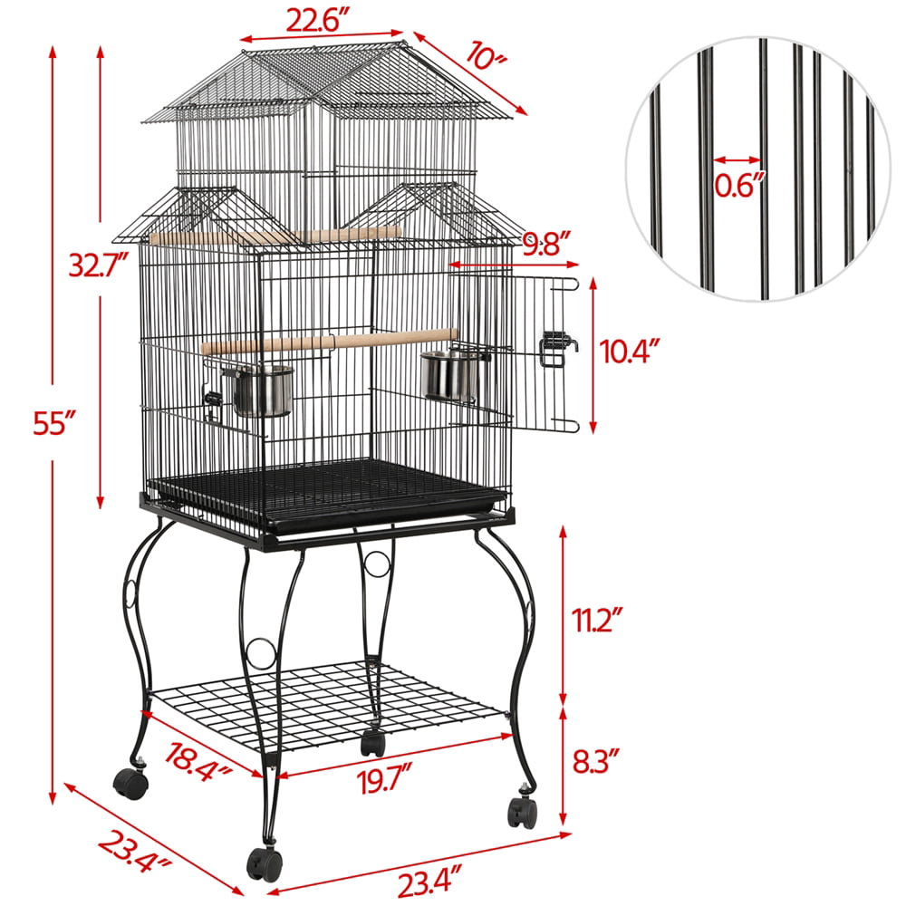 SMILE MART Metal Rolling Bird Cage with Triple Roof Detachable Stand for Birds Finches Lovebirds Canaries Cockatiels Conures Parakeets， Black