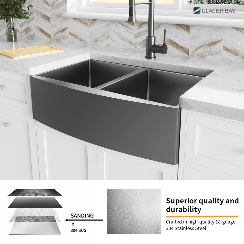 Glacier Bay Gunmetal Black Stainless Steel 33 in. 18-Gauge Double Bowl Farmhouse Kitchen Sink ACS3321A2Q