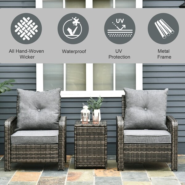 Outsunny 3 Piece PE Rattan Wicker Bistro Set with Cushions，Conversation Furniture Set for Backyard，Garden，Patio