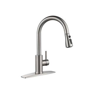 FORIOUS Single-Handle Kitchen Faucet with Pull Down Sprayer High-Arc Kitchen Sink Faucet with Deck Plate in Brushed Nickel HH0023C