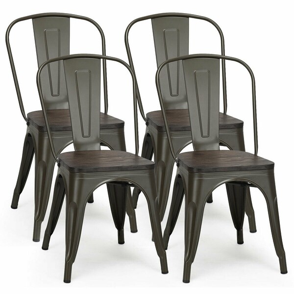 Gymax Set of 4 Metal Dining Side Chair Wood Seat Stackable Bistro Cafe - See details