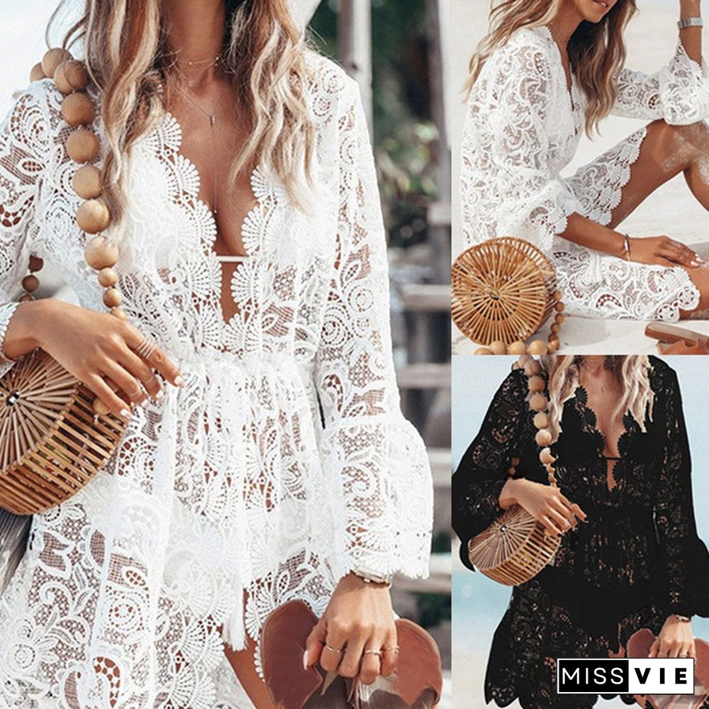 Women Sheer Lace Bikini Cover-up Cardigan Swimwear Beach Short Dress Hollow Out Floral V Neck Elegant Mini Lady Dress Top