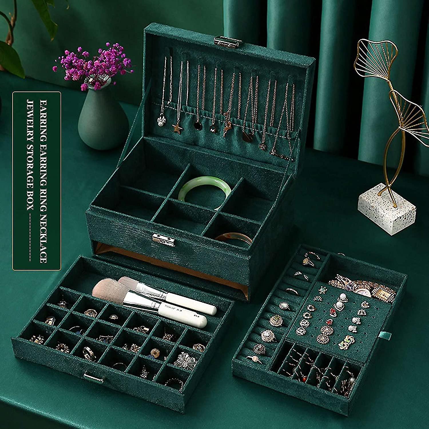 Flannel Jewelry Box Tri-layer Vintage Style Earring Ring Necklace Jewelery Storage Box Dark Green