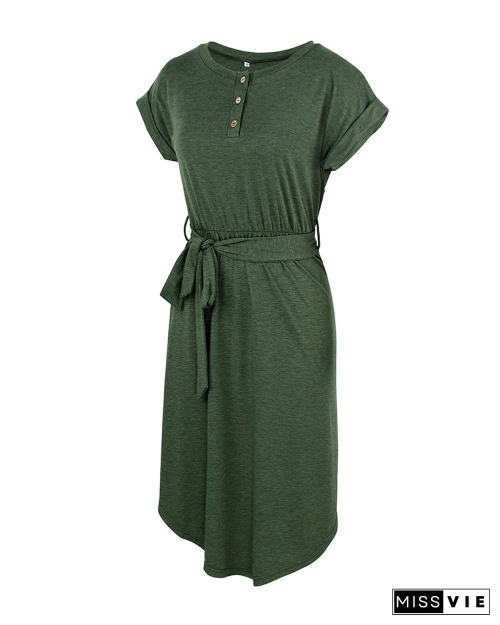 Round Neck Short Sleeve Waist Tie Midi Dress