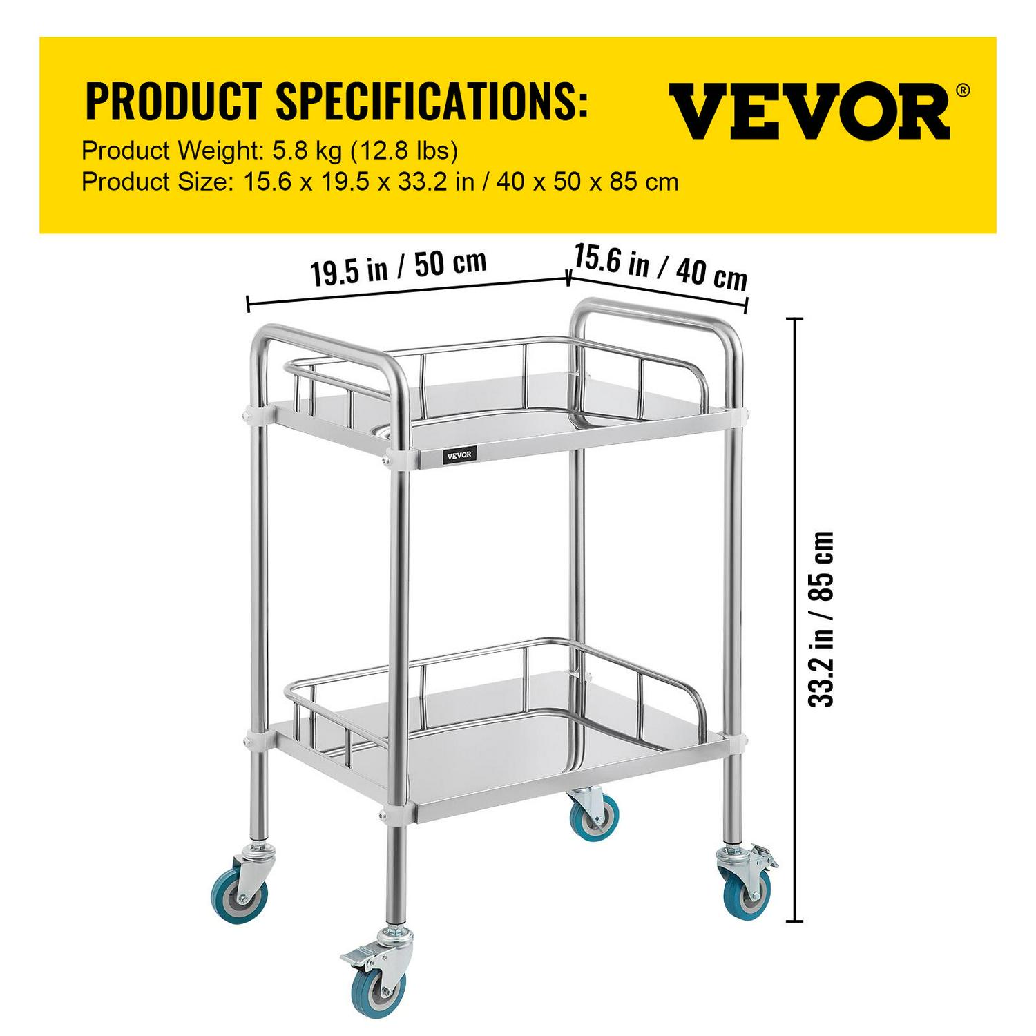 VEVORbrand 2-Shelf Lab Cart with Wheelsi 1/4 Stainless Steel Rolling Carti 1/4 Medical Dental Lab Carti 1/4 2 Lockable Wheels for Fixing