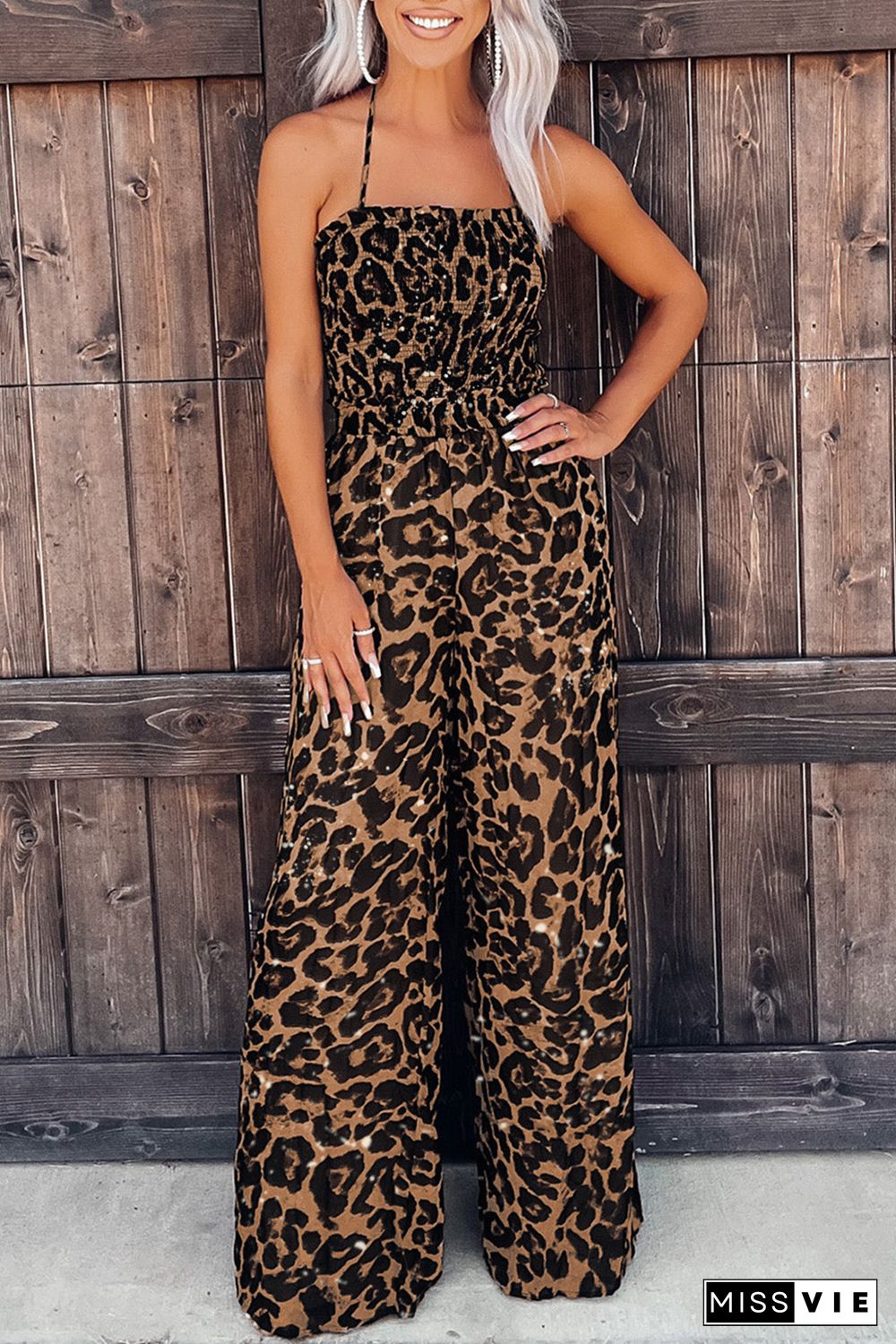 Leopard Print Halter Neck Backless Wide Leg Jumpsuit