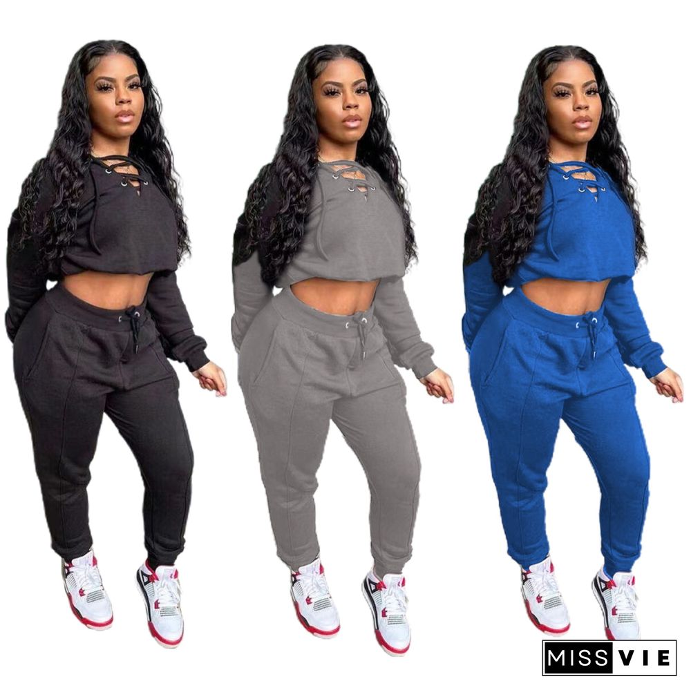 Long Sleeve Bandage Crop Top Sweatpants Set