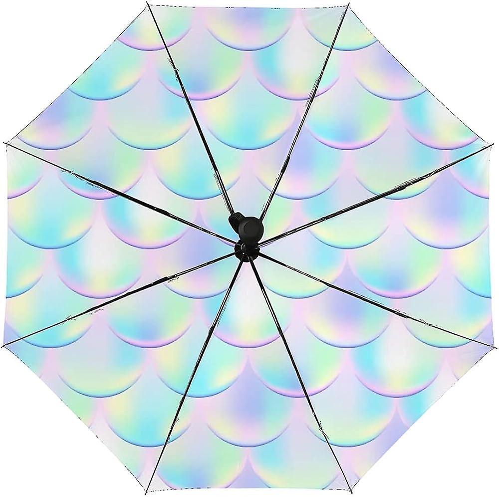 Colourlife Travel Umbrella Colorful Mermaid Scales With Holographic Effect Automatic Windproof Foldable Umbrella For Sun and Rain