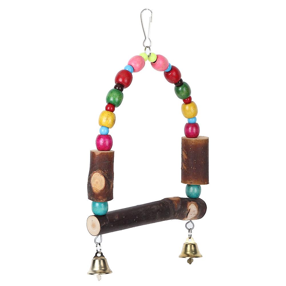Wooden Bird Cage Stand Parrot Hanging Swing With Colorful Beads Bell Resting Rack Toy