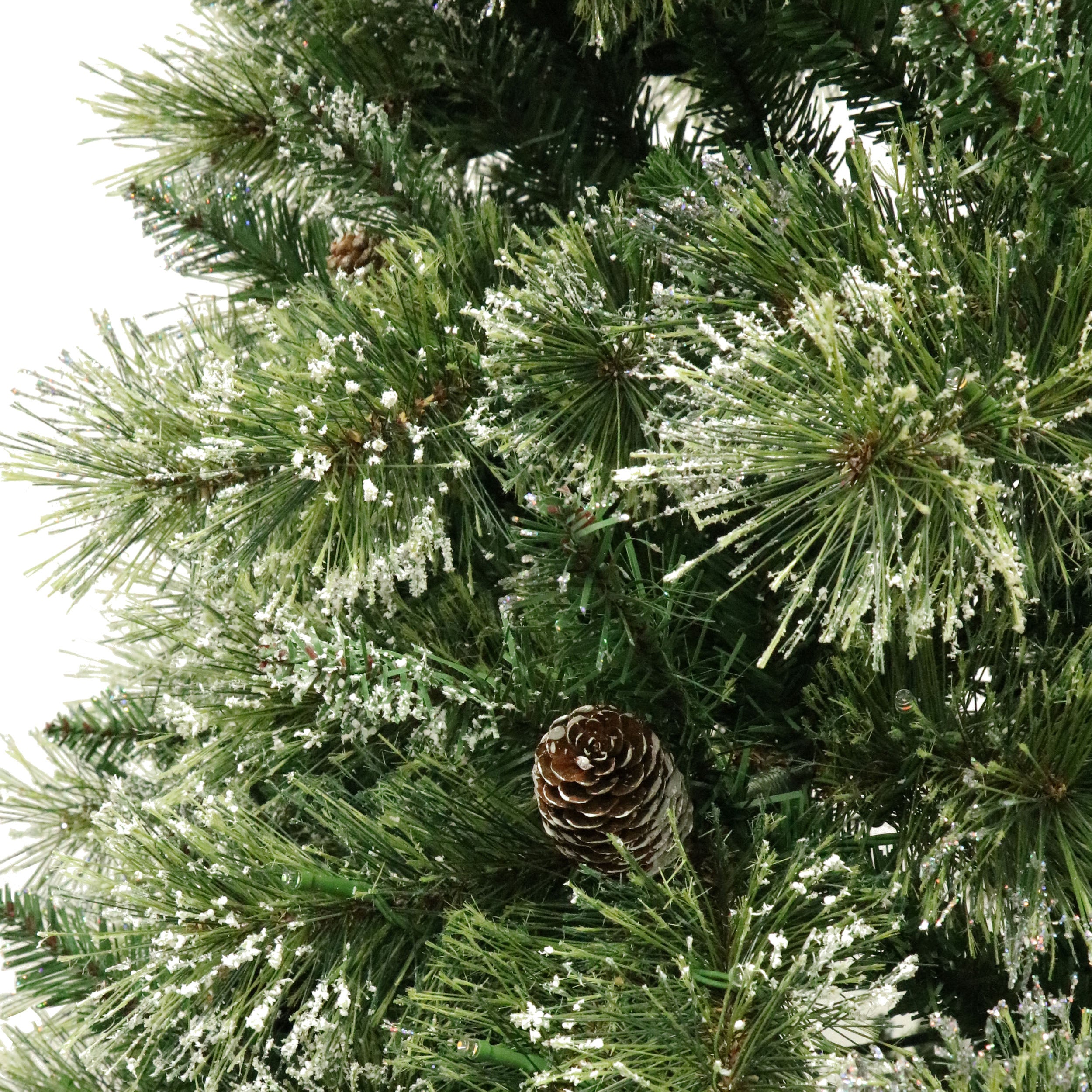 7-foot Cashmere Pine and Mixed Needles Pre-Lit Clear LED Hinged Artificial Christmas Tree with Snow and Glitter Branches and Frosted Pinecones