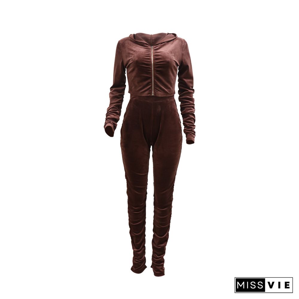 Solid Pleated Hooded Sweatshirt Two Piece Pants Set