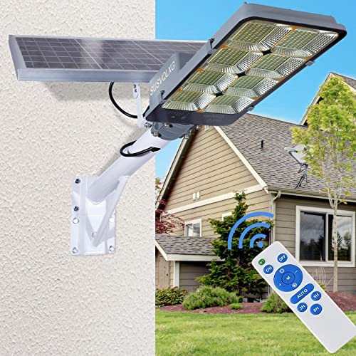 450W Solar Street Flood Lights Outdoor Lamp with Remote Control Dusk to Dawn Security Lighting for Yard Garden Gutter Basketball Court Arena Lawn lm