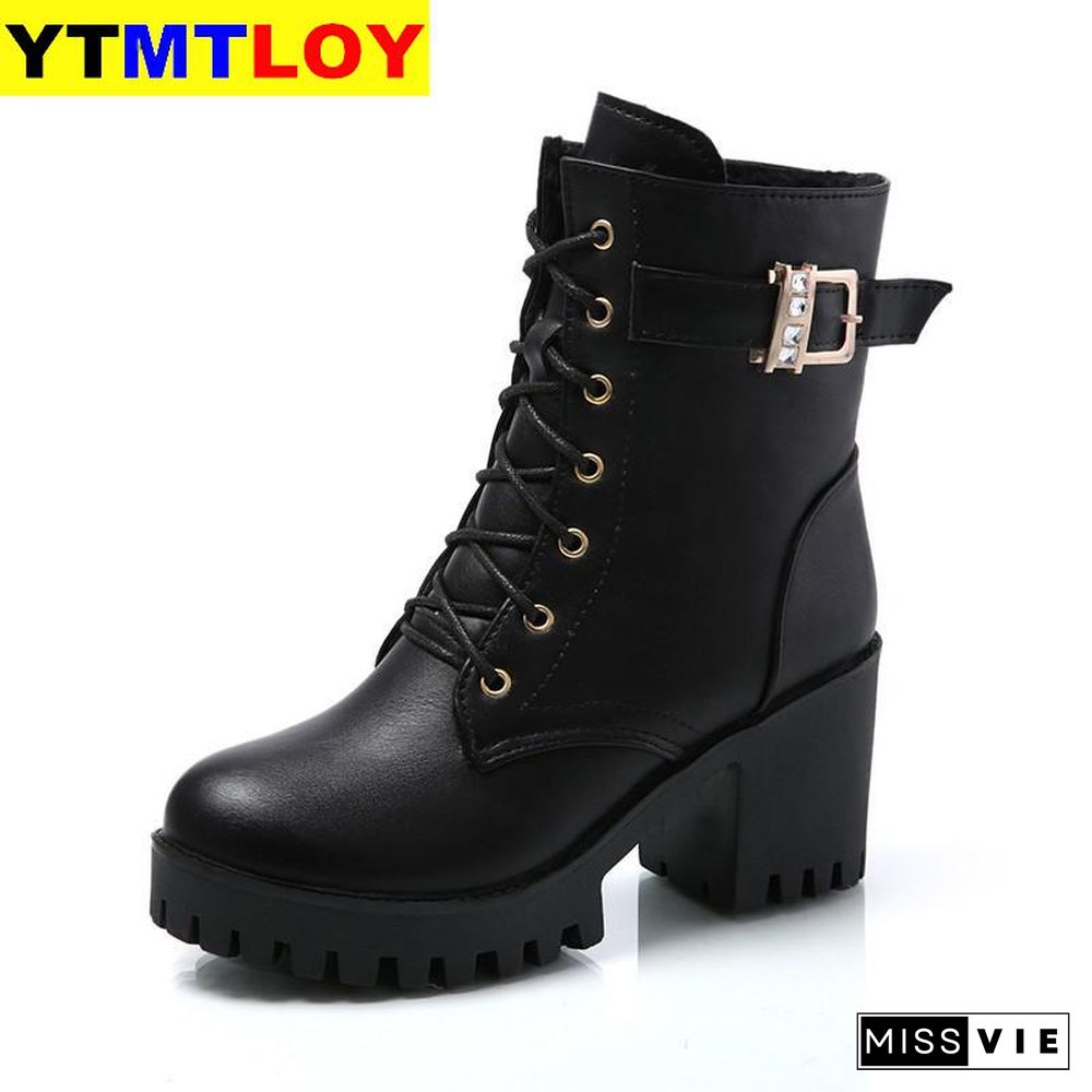 Hot Lace Up Zip Pu Leather Short Booties Black Ladies Shoes Platform Autumn Fashion Women Boots High Heels Platform Buckle