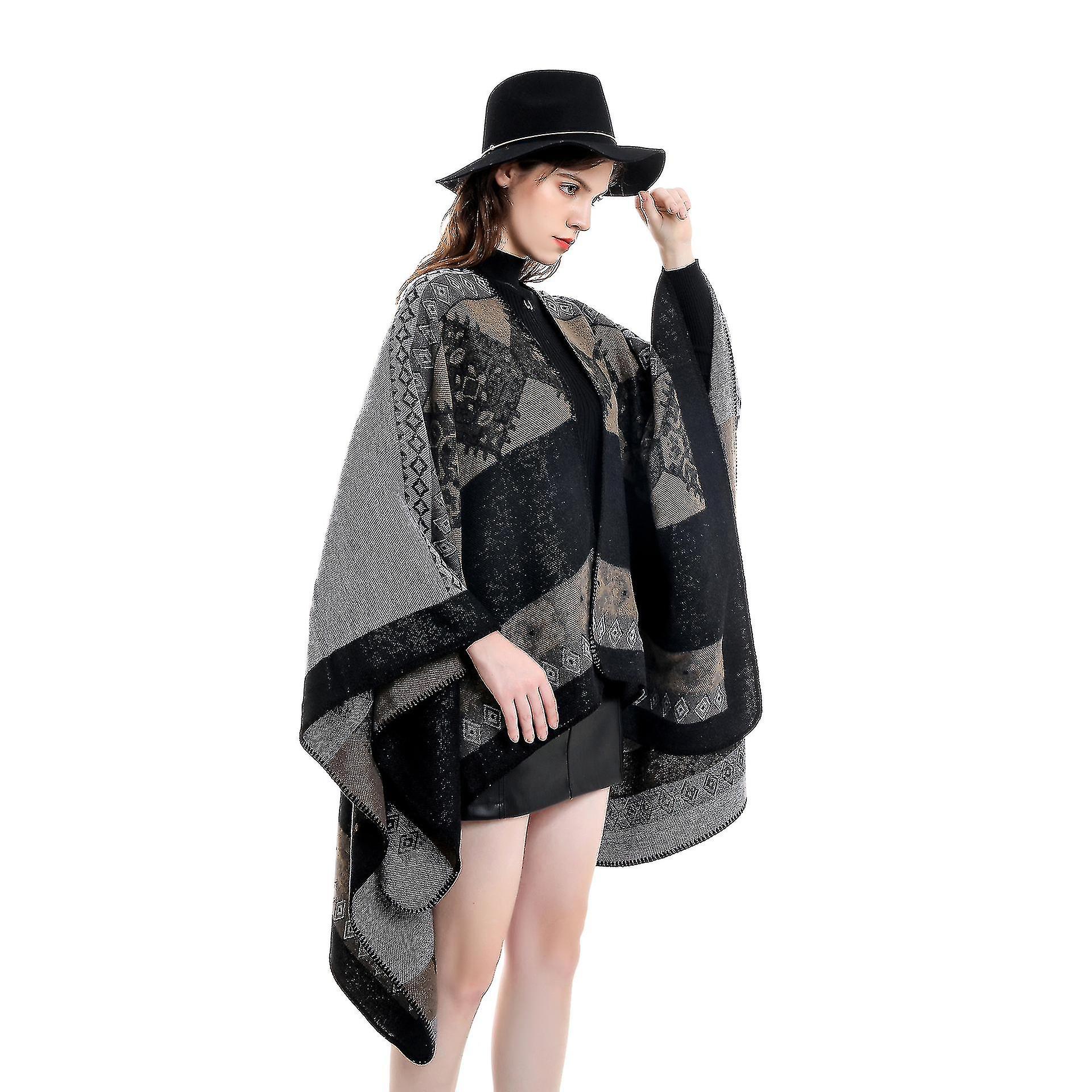 Women's Vintage Pattern Open Front Poncho Cape Shawl Winter Shawl Wraps 130*150 Cm