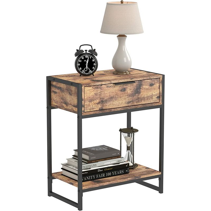 Year Color Industrial 2-Tier Nightstand with Drawer and Side Table for Small Spaces， Living Rooms， and Bedrooms.