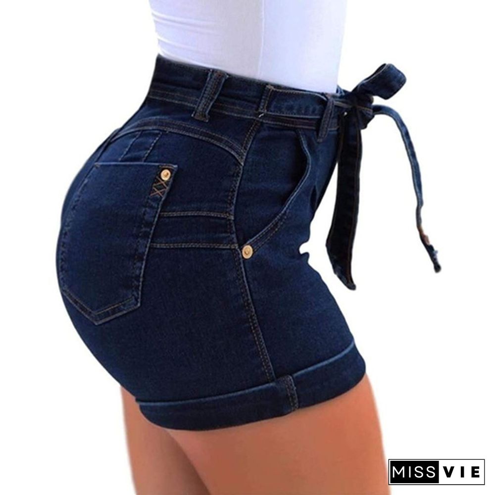 Women's mid-Waist Denim Belt Washed Denim Shorts Slim fit Casual Classic Shorts Jeans Summer Denim Shorts