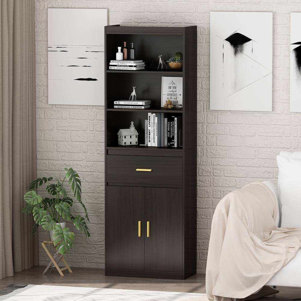 FUFUGAGA 70.8 in. H Coffee Brown Wood 3-Shelf Bookcase Bookshelf With 2-Door Cabinet and Drawer KF200127-01-KPL