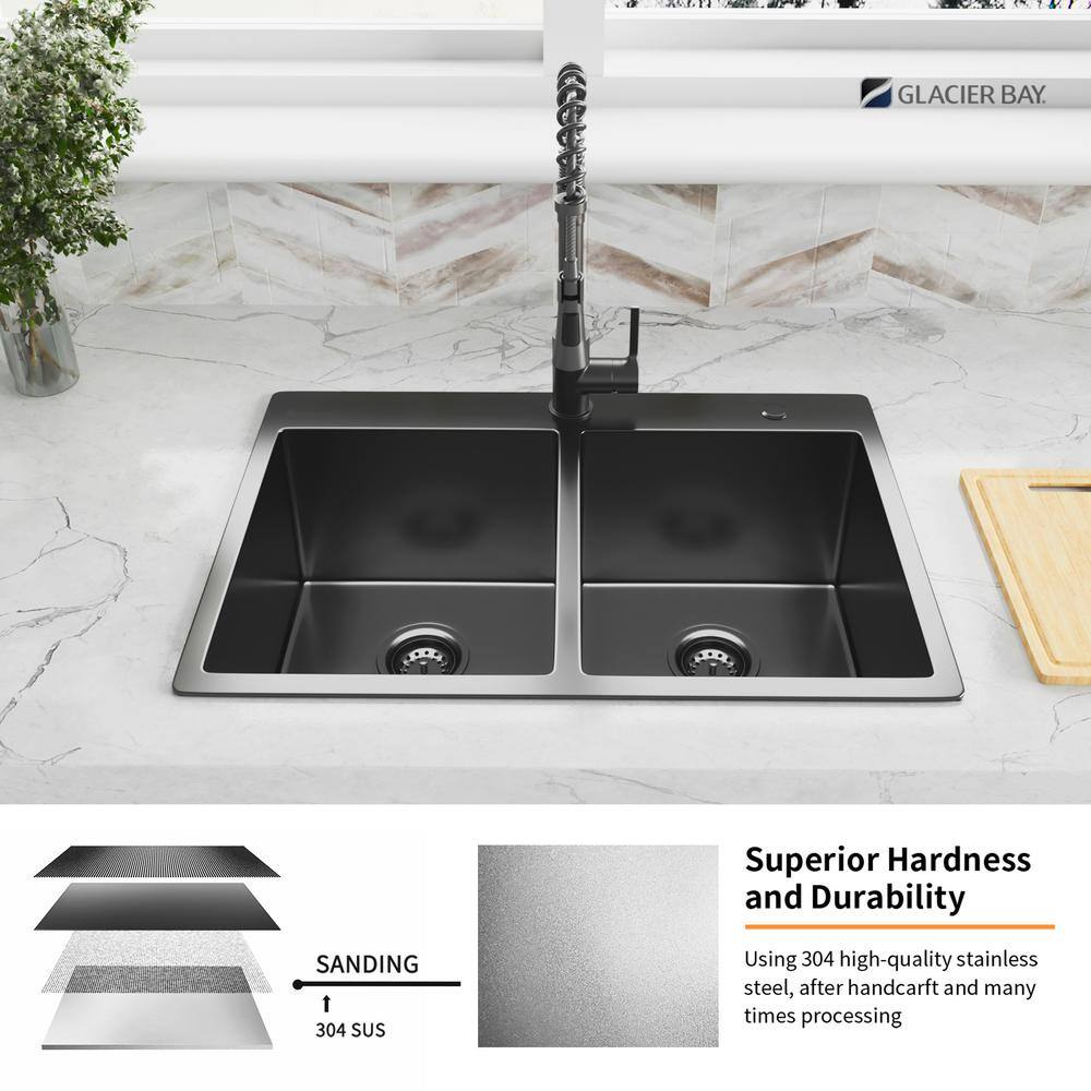 Glacier Bay Gunmetal Black Stainless Steel 33 in. 18 Gauge Double Bowl Dual Mount Kitchen Sink with Black Spring Neck Faucet ACS3322A2T-F