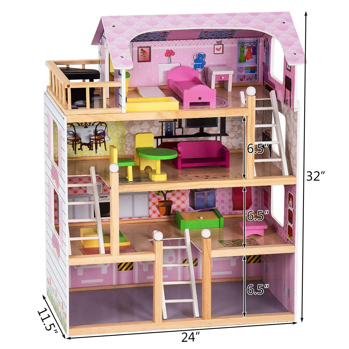 Costzon Dollhouse, Toy Family House with 13 pcs Furniture, Play Accessories