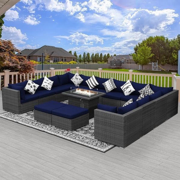 Nicesoul Outdoor Grey Wicker Sectional Furniture Patio Sofa Set with Firepit Table