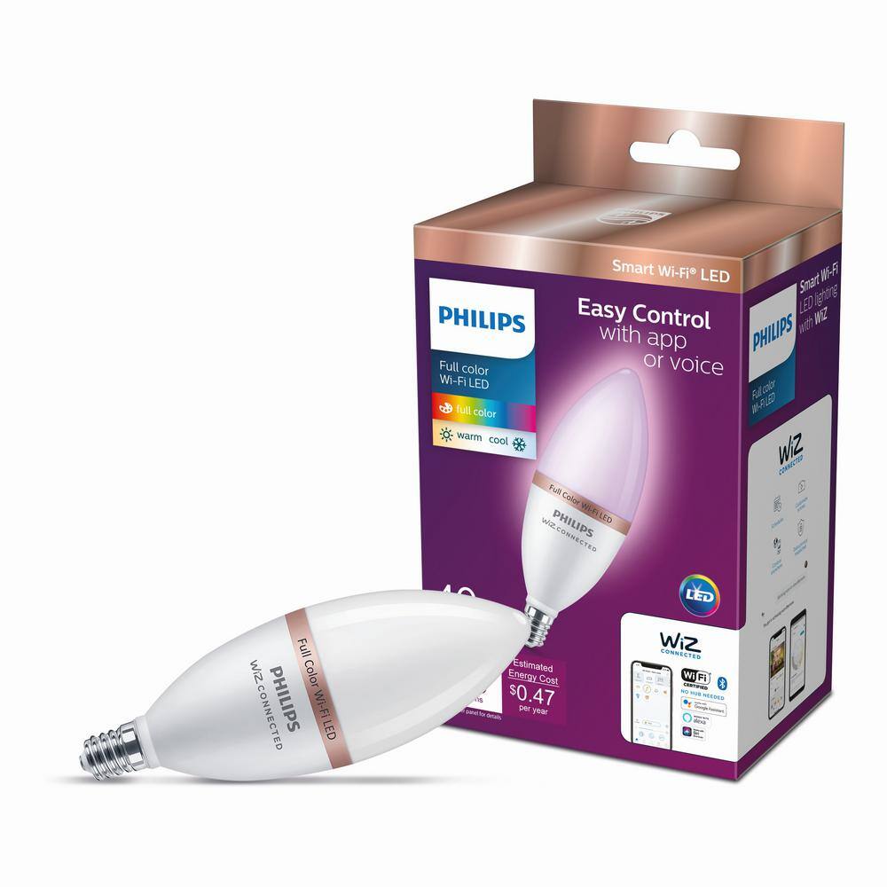 Philips 40-Watt Equivalent B12 LED Smart Wi-Fi Color Changing Light Bulb powered by WiZ with Bluetooth (1-Pack) 562454