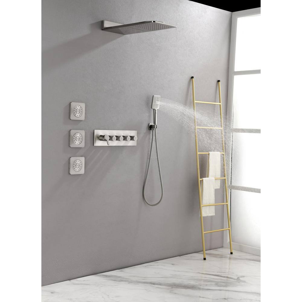 Lukvuzo Wall Mounted Waterfall Rain Shower System in Brushed Nickel with 3 Body Sprays and Handheld Shower HDSA11FS023