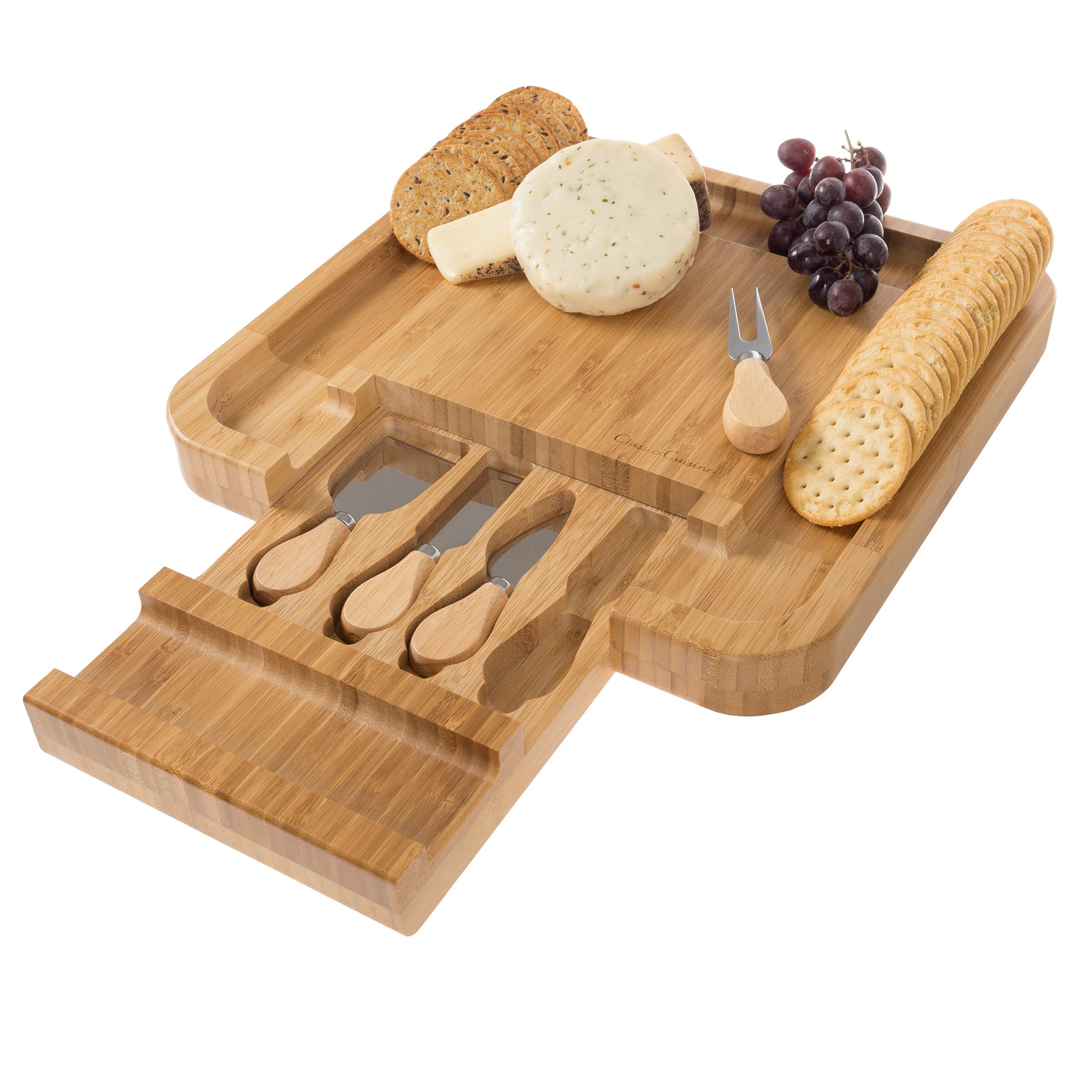 Classic Cuisine Bamboo Cheese Serving Tray with 4-Piece Cutlery Set (Tan)