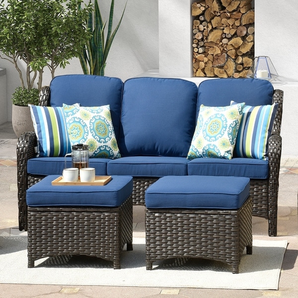 OVIOS Patio 3piece Rattan Wicker Sectional Sofa Set with Ottomans