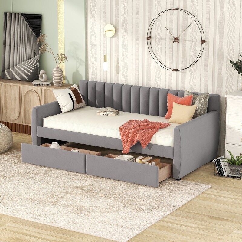 Velvet Upholstered Daybed with 2 Storage Drawers/ Trundle