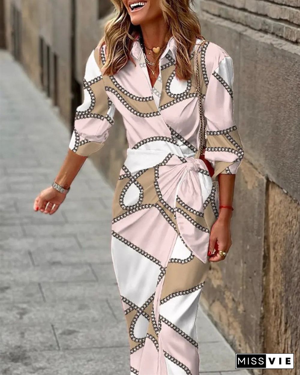 Fashion Print Lapel Shirt Tie Dress