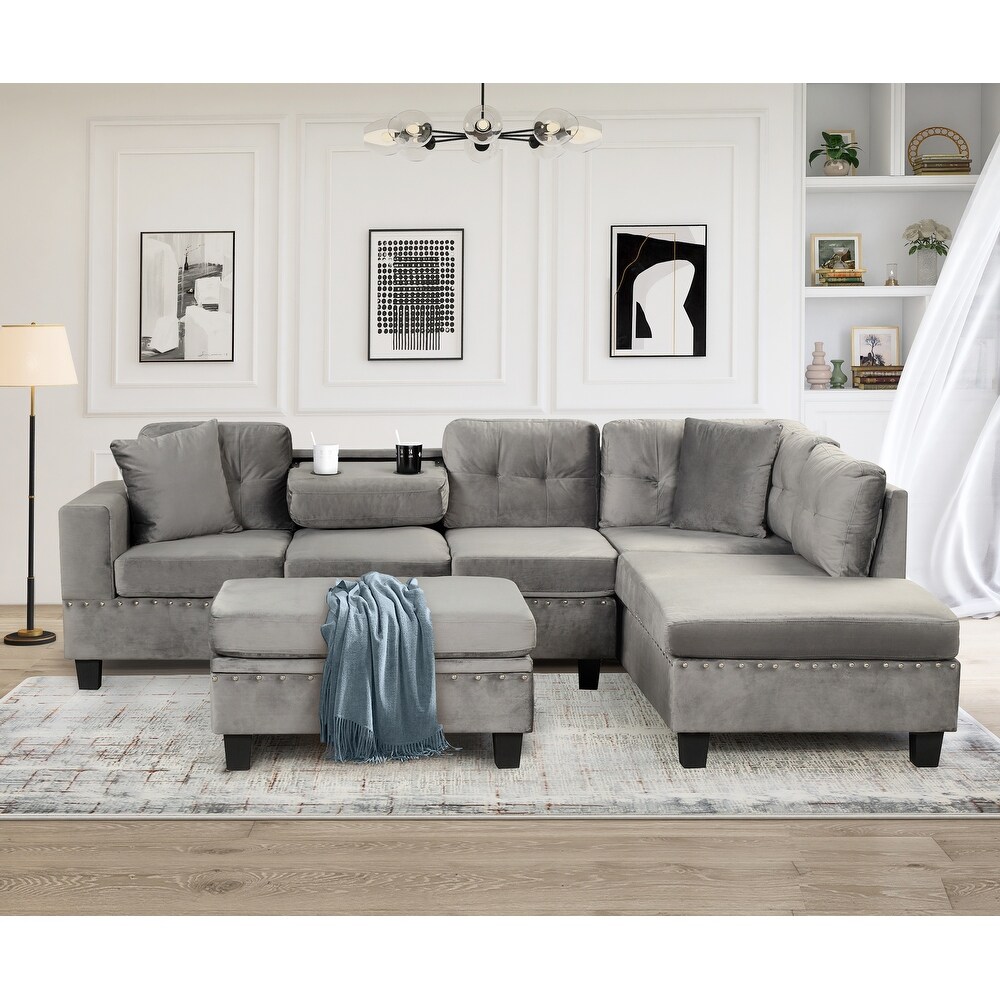 Modern Sectional Sofa with Storage Ottoman and Reversible Chaise L Shape Couch with Pillows and Cup Holder for Living Room  Gray