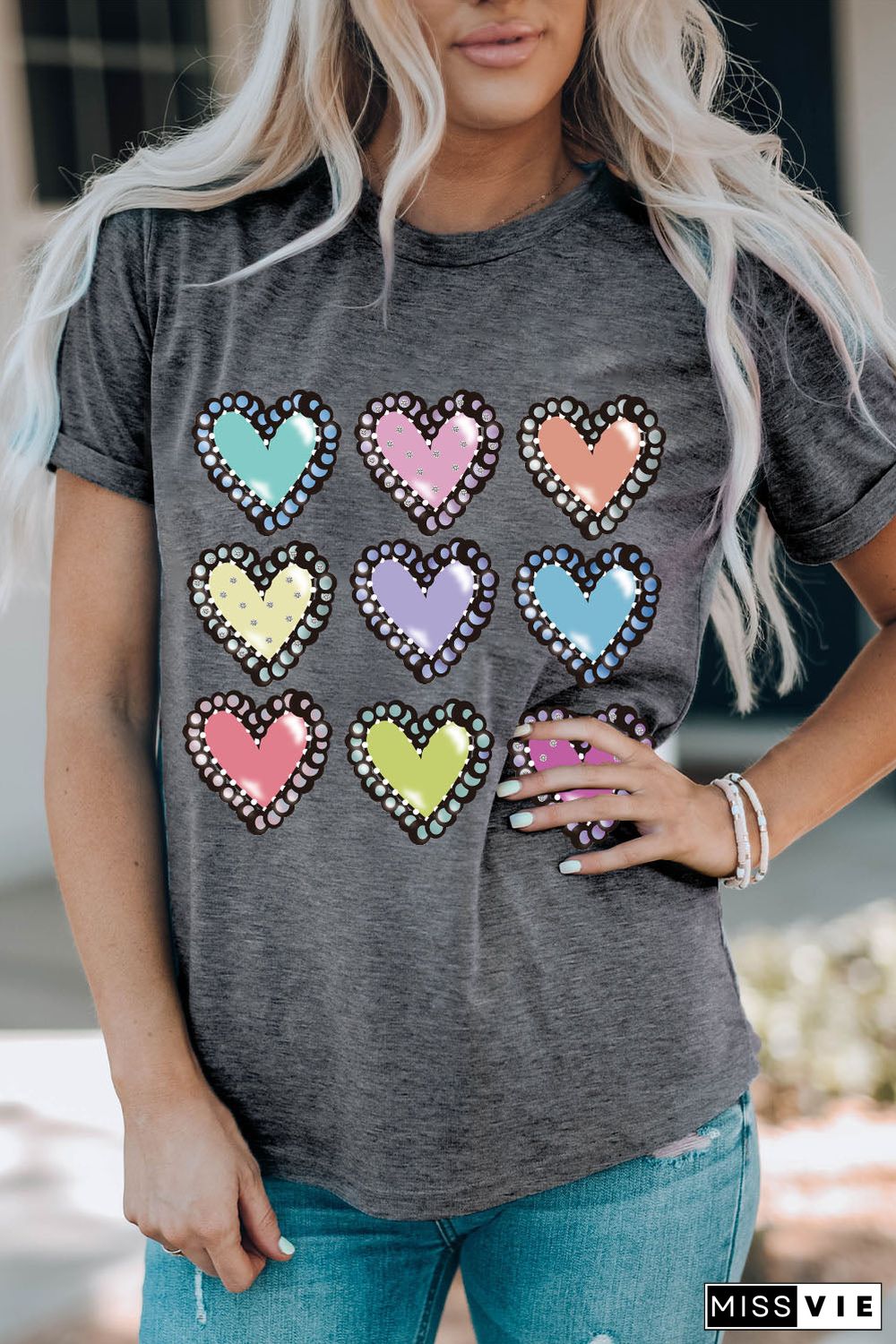 Gray Colorful Heart Shaped Print Crew Neck Casual Tee